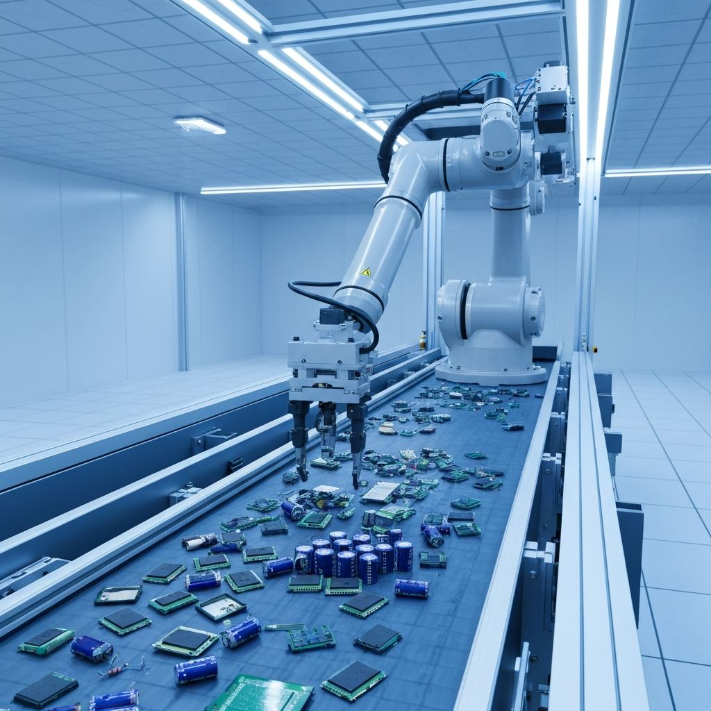 Robô com IA separando componentes eletrônicos em linha de produção