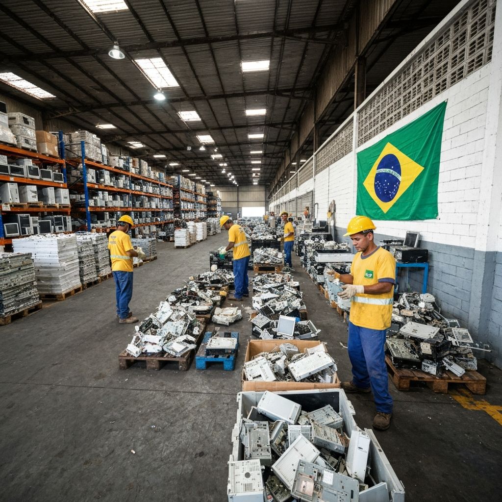 Centro de reciclagem de eletrônicos no Brasil com trabalhadores separando componentes
