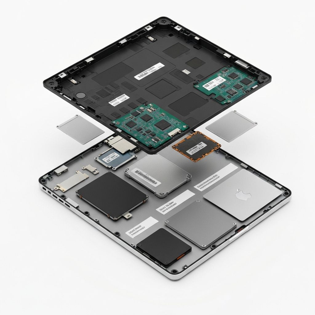 Laptop modular desmontado mostrando componentes intercambiáveis