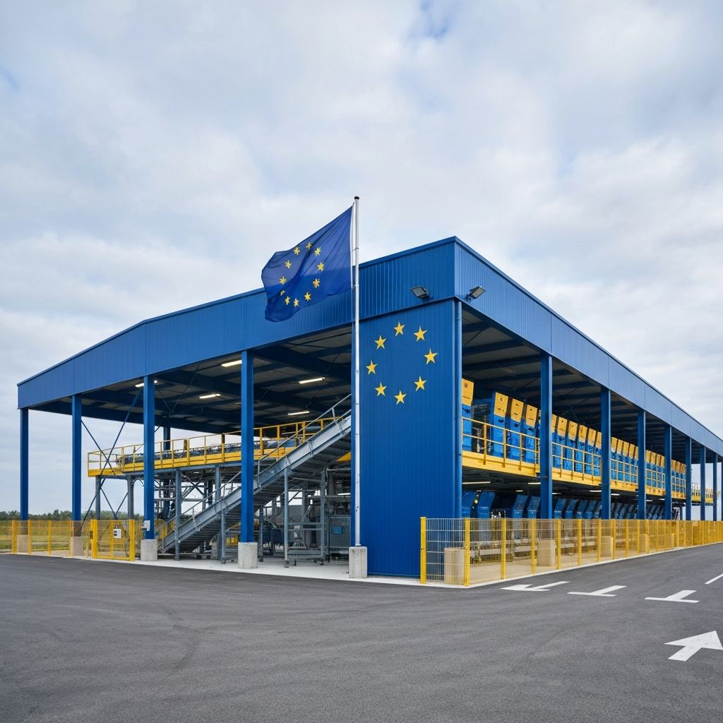 Centro de reciclagem europeu moderno com bandeira da UE