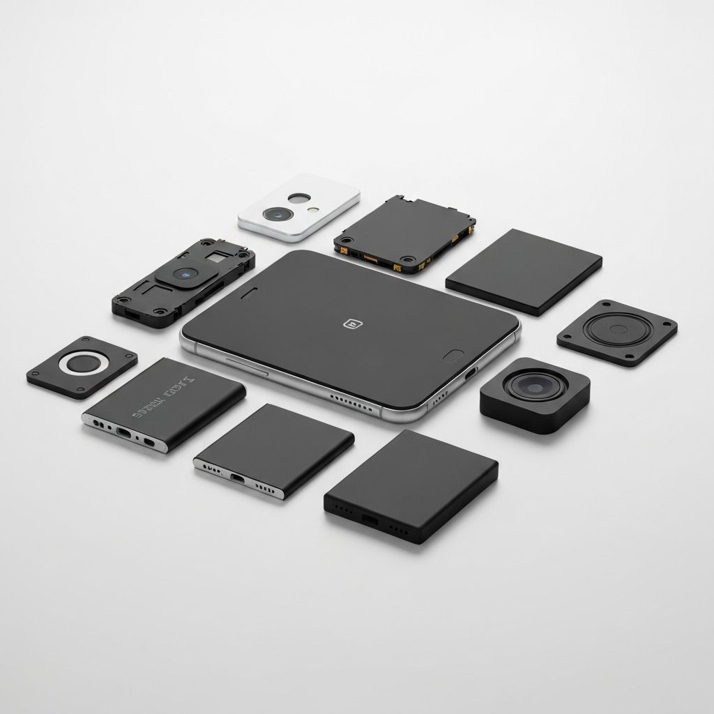 Fairphone desmontado mostrando seus módulos intercambiáveis