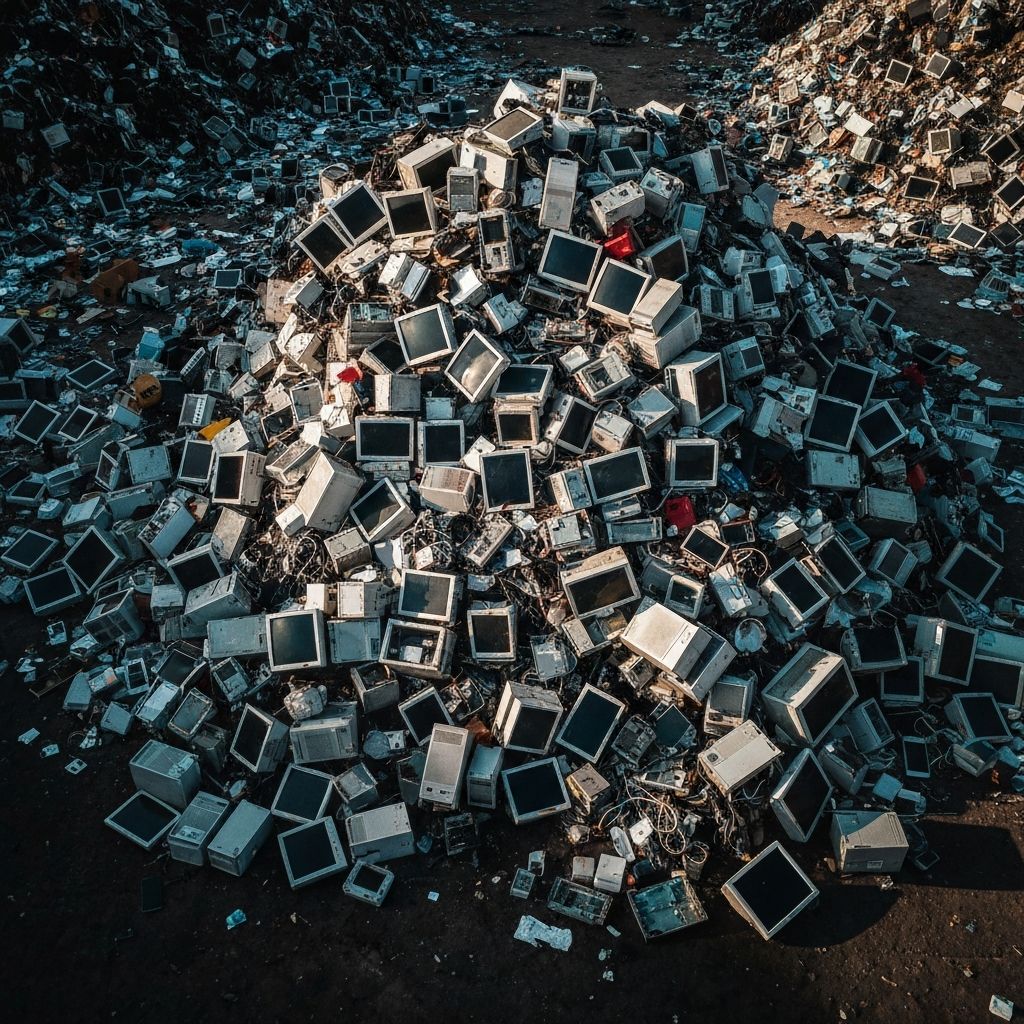 Montanha de lixo eletrônico ilustrando a crise global